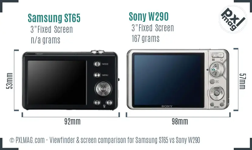 Samsung ST65 vs Sony W290 Screen and Viewfinder comparison