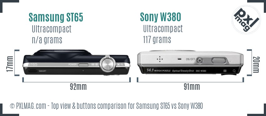 Samsung ST65 vs Sony W380 top view buttons comparison