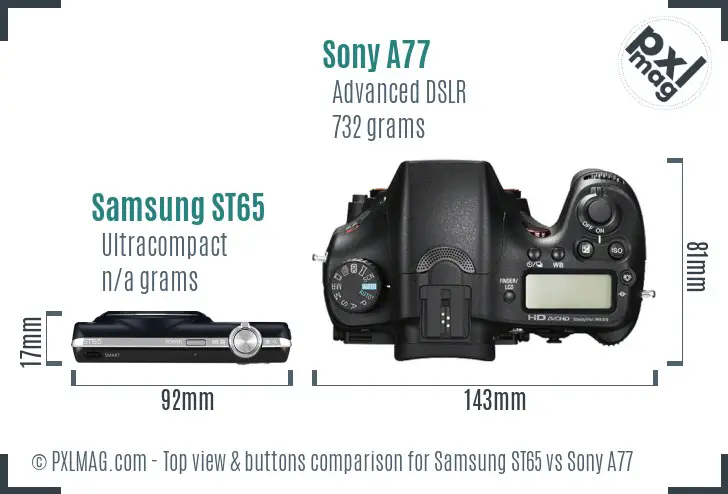Samsung ST65 vs Sony A77 top view buttons comparison Samsung ST65 vs Sony A77 top view buttons comparison