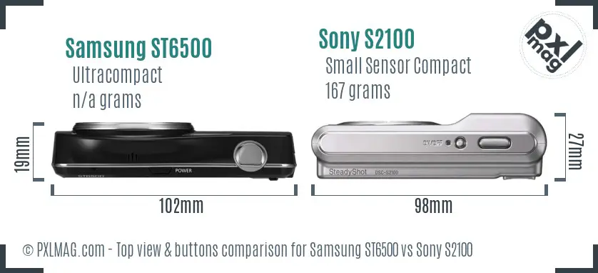 Samsung ST6500 vs Sony S2100 top view buttons comparison Samsung ST6500 vs Sony S2100 top view buttons comparison