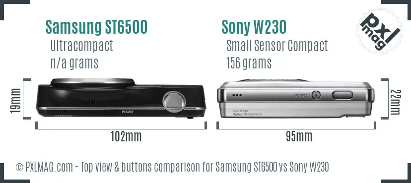 Samsung ST6500 vs Sony W230 top view buttons comparison