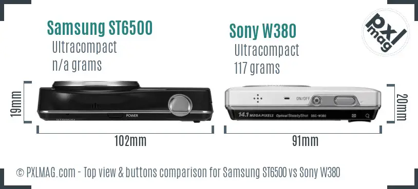 Samsung ST6500 vs Sony W380 top view buttons comparison