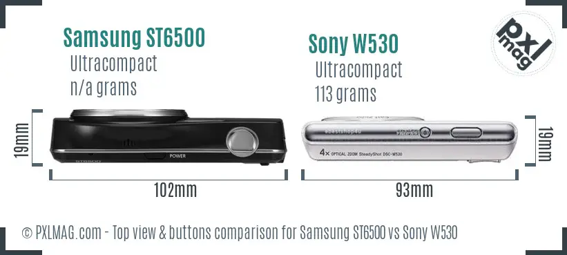 Samsung ST6500 vs Sony W530 top view buttons comparison