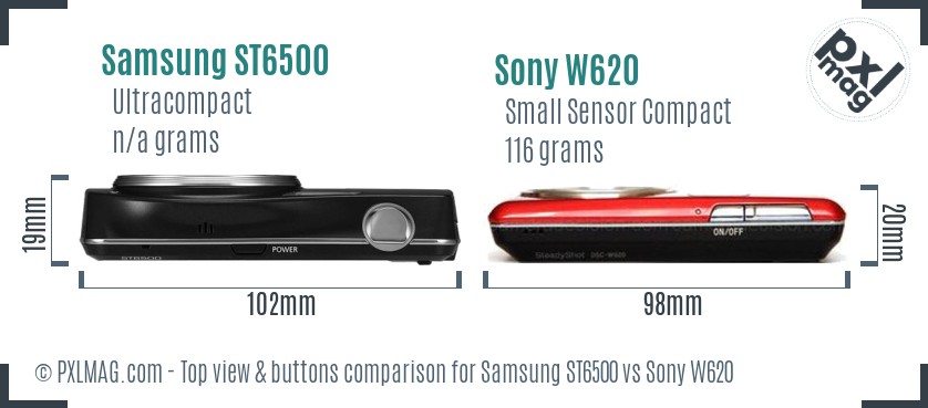 Samsung ST6500 vs Sony W620 top view buttons comparison