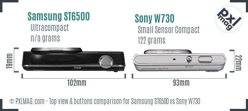 Samsung ST6500 vs Sony W730 top view buttons comparison