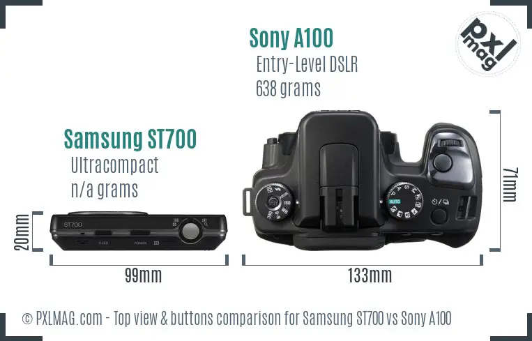 Samsung ST700 vs Sony A100 top view buttons comparison Samsung ST700 vs Sony A100 top view buttons comparison