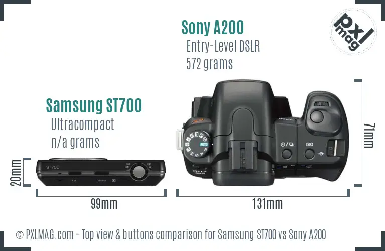 Samsung ST700 vs Sony A200 top view buttons comparison Samsung ST700 vs Sony A200 top view buttons comparison