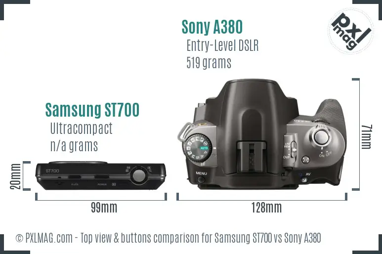 Samsung ST700 vs Sony A380 top view buttons comparison Samsung ST700 vs Sony A380 top view buttons comparison