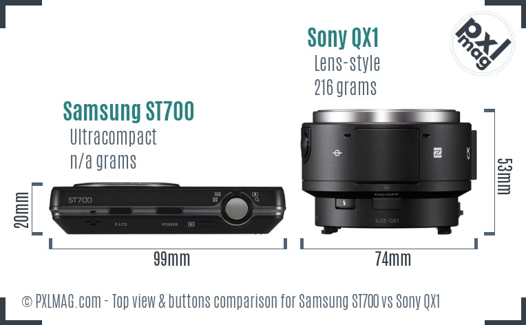 Samsung ST700 vs Sony QX1 top view buttons comparison