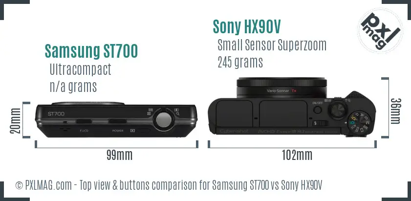 Samsung ST700 vs Sony HX90V top view buttons comparison Samsung ST700 vs Sony HX90V top view buttons comparison