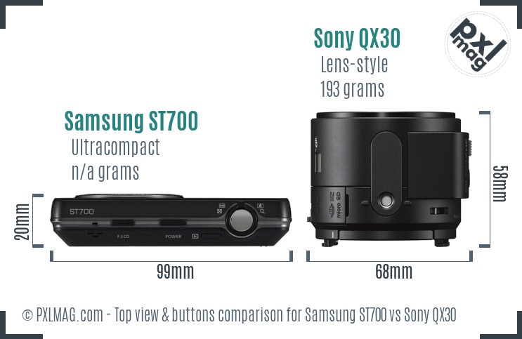 Samsung ST700 vs Sony QX30 top view buttons comparison