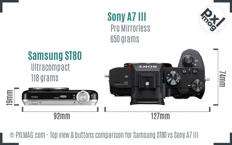 Samsung ST80 vs Sony A7 III top view buttons comparison Samsung ST80 vs Sony A7 III top view buttons comparison