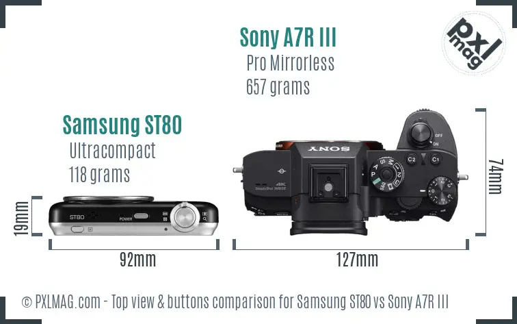 Samsung ST80 vs Sony A7R III top view buttons comparison Samsung ST80 vs Sony A7R III top view buttons comparison