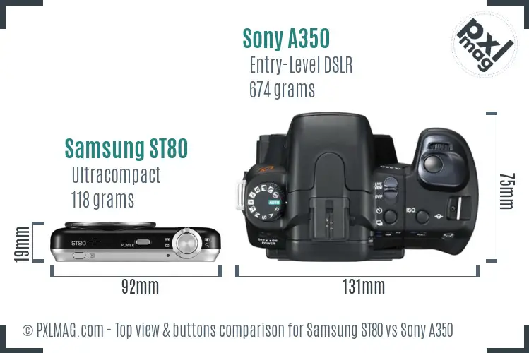 Samsung ST80 vs Sony A350 top view buttons comparison Samsung ST80 vs Sony A350 top view buttons comparison