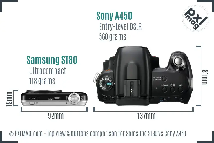Samsung ST80 vs Sony A450 top view buttons comparison Samsung ST80 vs Sony A450 top view buttons comparison