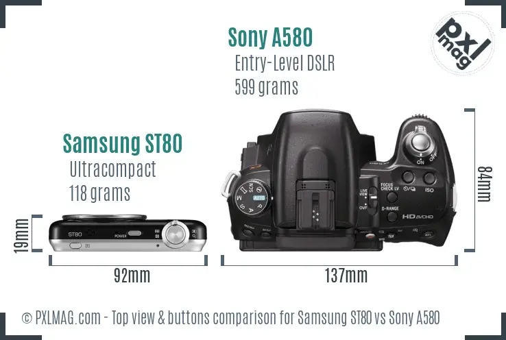 Samsung ST80 vs Sony A580 top view buttons comparison Samsung ST80 vs Sony A580 top view buttons comparison