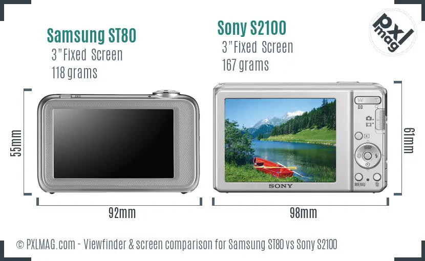 Samsung ST80 vs Sony S2100 Screen and Viewfinder comparison