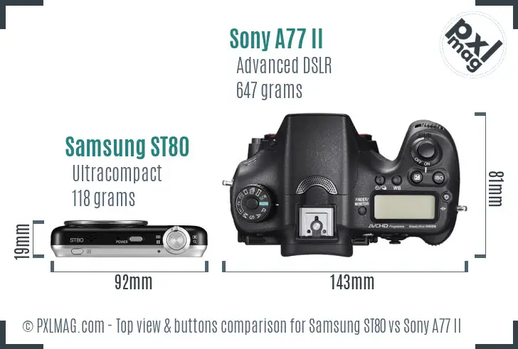 Samsung ST80 vs Sony A77 II top view buttons comparison