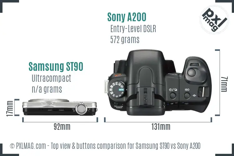 Samsung ST90 vs Sony A200 top view buttons comparison Samsung ST90 vs Sony A200 top view buttons comparison