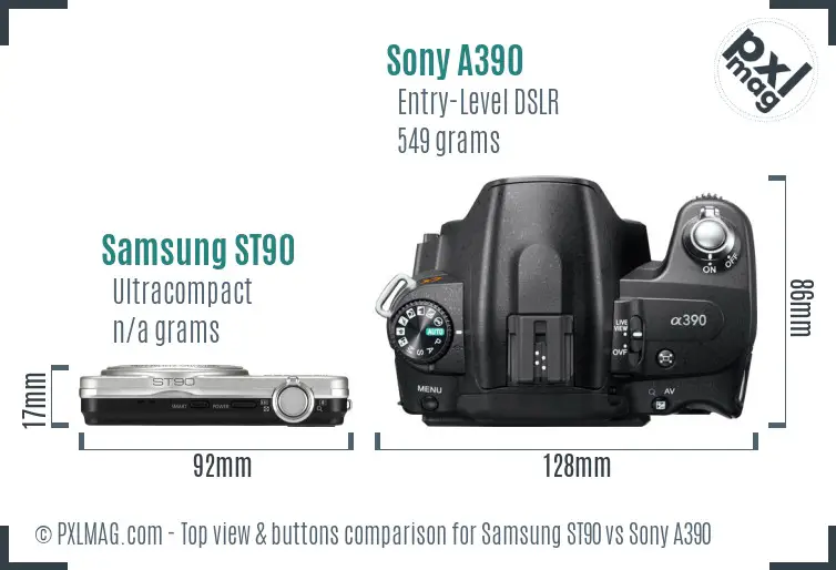 Samsung ST90 vs Sony A390 top view buttons comparison Samsung ST90 vs Sony A390 top view buttons comparison