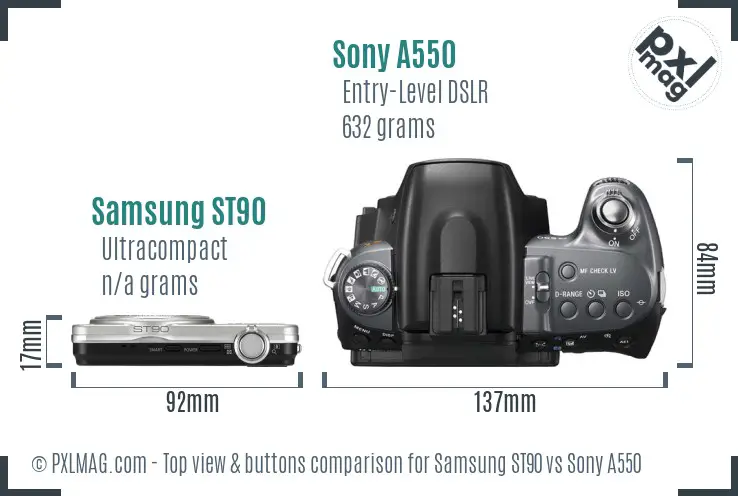Samsung ST90 vs Sony A550 top view buttons comparison Samsung ST90 vs Sony A550 top view buttons comparison