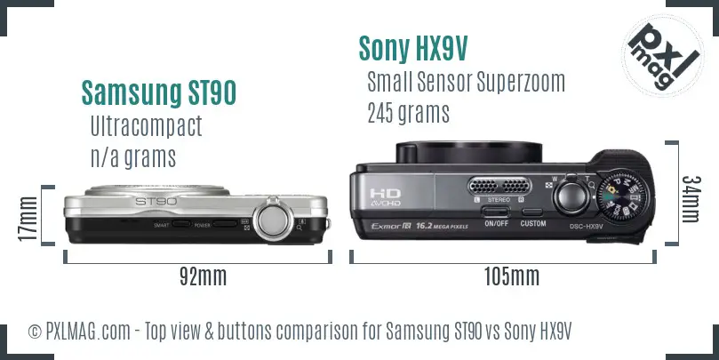 Samsung ST90 vs Sony HX9V top view buttons comparison Samsung ST90 vs Sony HX9V top view buttons comparison