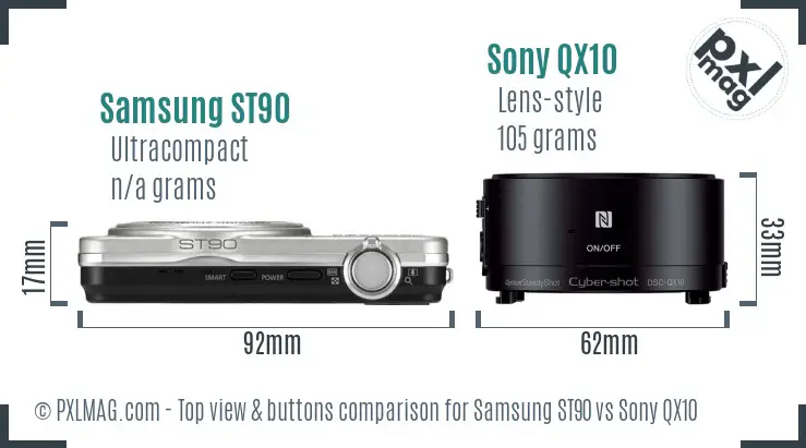 Samsung ST90 vs Sony QX10 top view buttons comparison