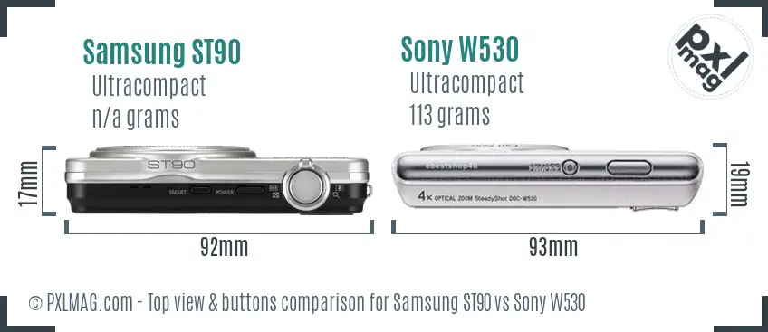 Samsung ST90 vs Sony W530 top view buttons comparison
