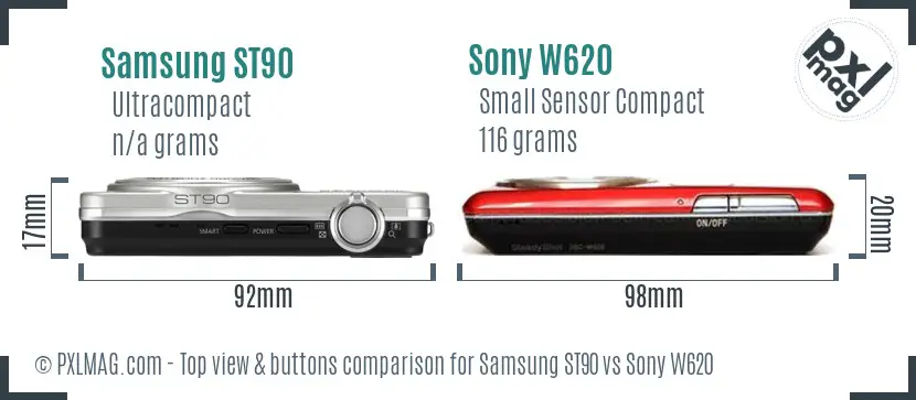 Samsung ST90 vs Sony W620 top view buttons comparison