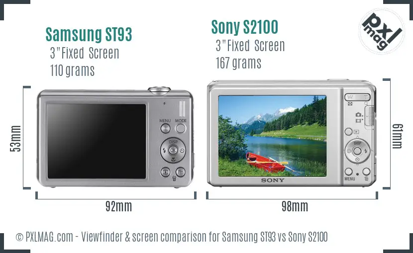 Samsung ST93 vs Sony S2100 Screen and Viewfinder comparison