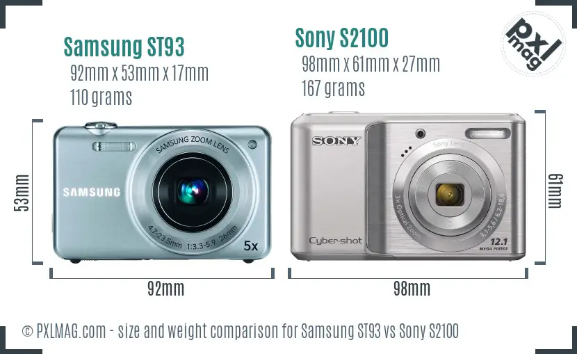 Samsung ST93 vs Sony S2100 size comparison