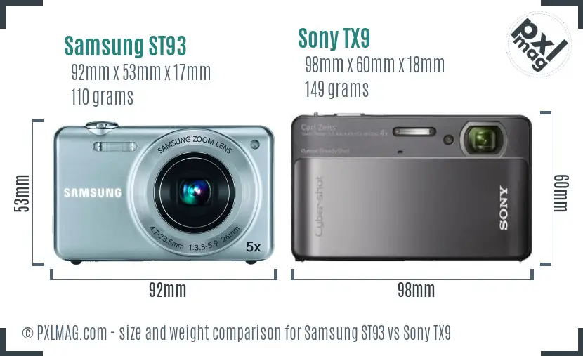 Samsung ST93 vs Sony TX9 size comparison