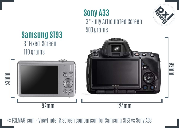 Samsung ST93 vs Sony A33 Screen and Viewfinder comparison