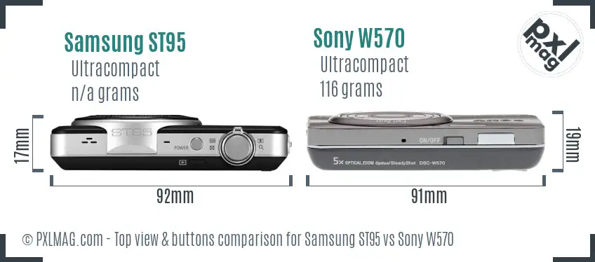 Samsung ST95 vs Sony W570 top view buttons comparison