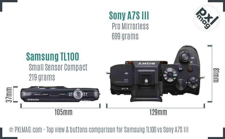 Samsung TL100 vs Sony A7S III top view buttons comparison