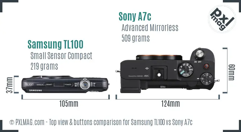 Samsung TL100 vs Sony A7c top view buttons comparison