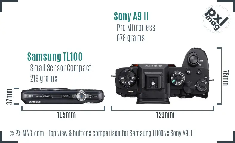 Samsung TL100 vs Sony A9 II top view buttons comparison
