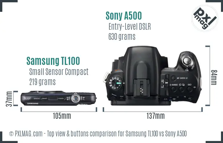 Samsung TL100 vs Sony A500 top view buttons comparison