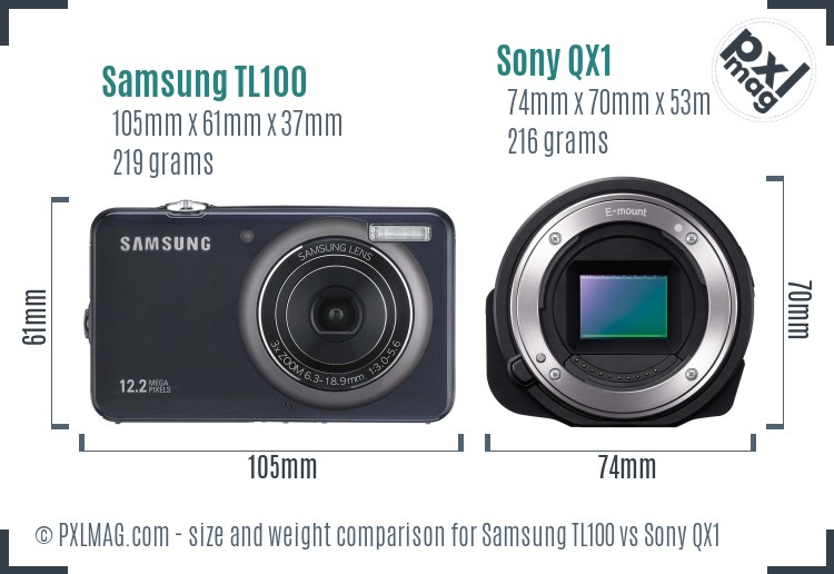 Samsung TL100 vs Sony QX1 size comparison