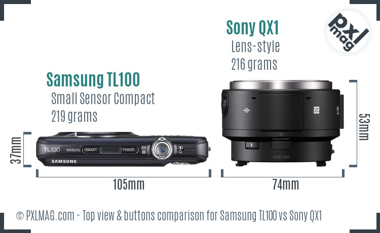 Samsung TL100 vs Sony QX1 top view buttons comparison