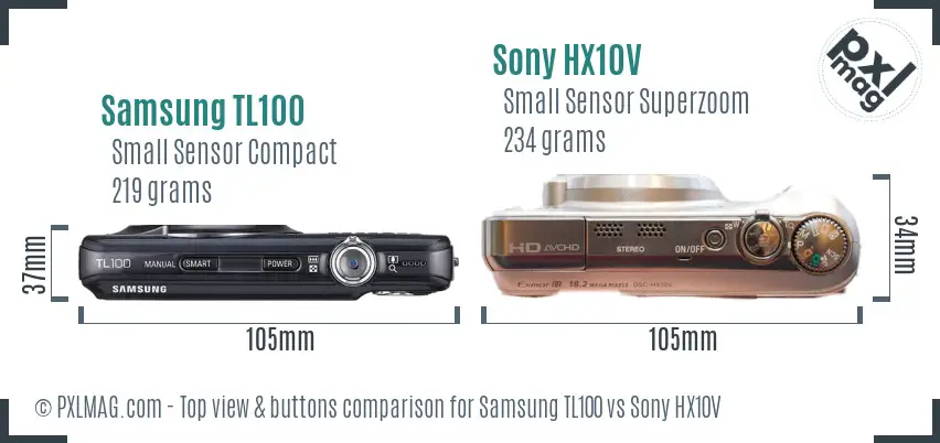 Samsung TL100 vs Sony HX10V top view buttons comparison Samsung TL100 vs Sony HX10V top view buttons comparison