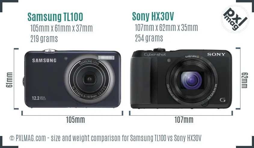 Samsung TL100 vs Sony HX30V size comparison