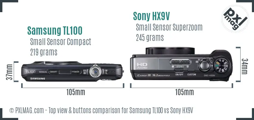 Samsung TL100 vs Sony HX9V top view buttons comparison Samsung TL100 vs Sony HX9V top view buttons comparison