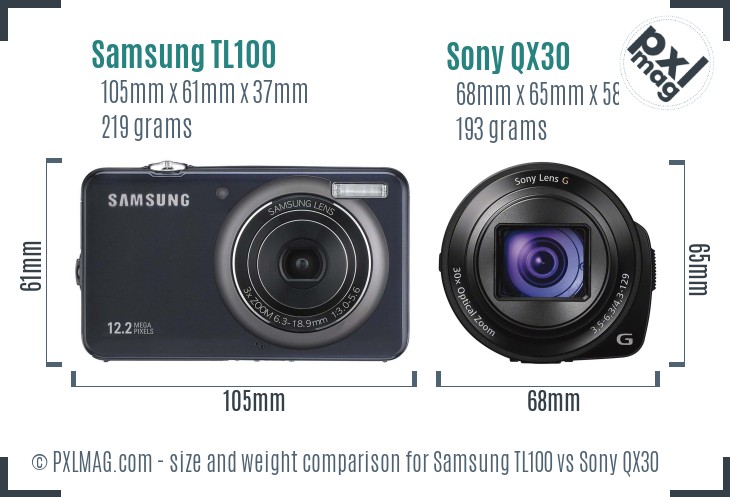 Samsung TL100 vs Sony QX30 size comparison