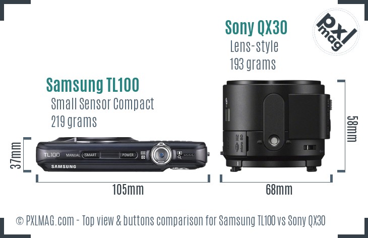 Samsung TL100 vs Sony QX30 top view buttons comparison