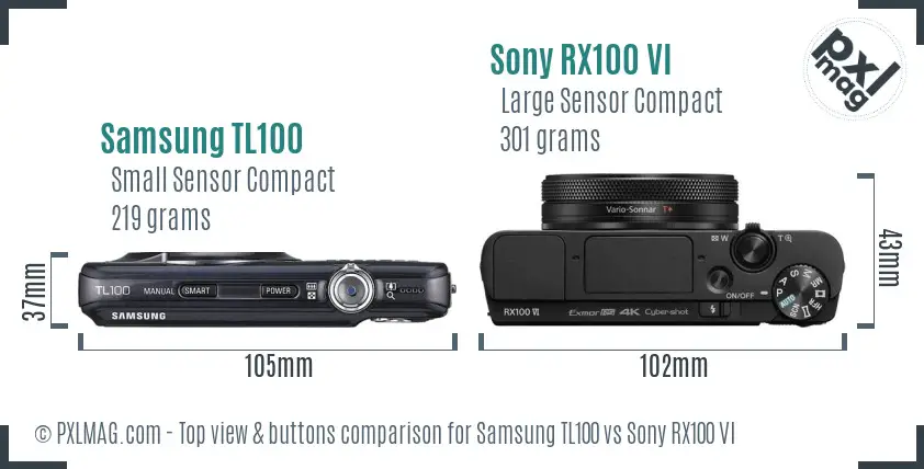 Samsung TL100 vs Sony RX100 VI top view buttons comparison