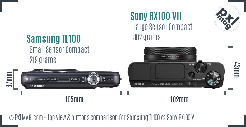 Samsung TL100 vs Sony RX100 VII top view buttons comparison