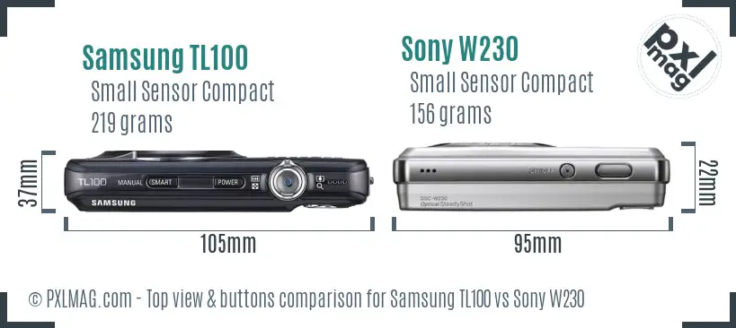Samsung TL100 vs Sony W230 top view buttons comparison Samsung TL100 vs Sony W230 top view buttons comparison