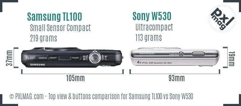 Samsung TL100 vs Sony W530 top view buttons comparison