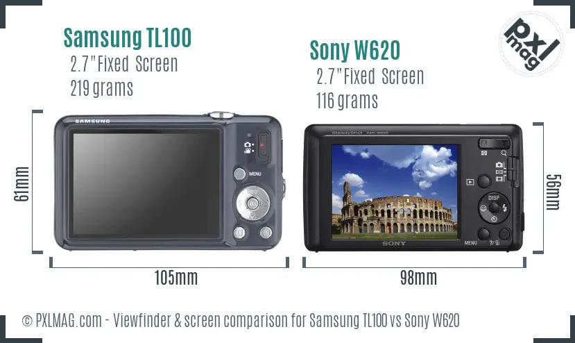 Samsung TL100 vs Sony W620 Screen and Viewfinder comparison